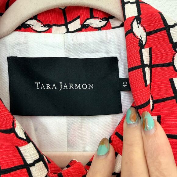 Tara Jarmon Red Graphic Print Statement Coat France Cotton Jacket Sz 40 - Picture 2 of 9
